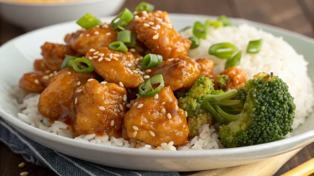 Cheesecake Factory-style orange chicken with rice and broccoli garnished with sesame seeds.