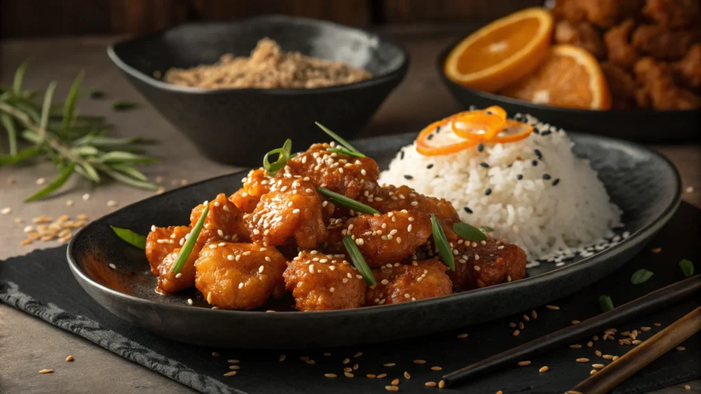 Golden crispy orange chicken with sesame seeds, rice, and broccoli on a ceramic plate.