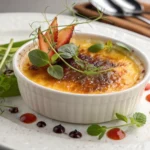 Close-up of individual Crab Brulee ramekins with caramelized tops, garnished with fresh dill.