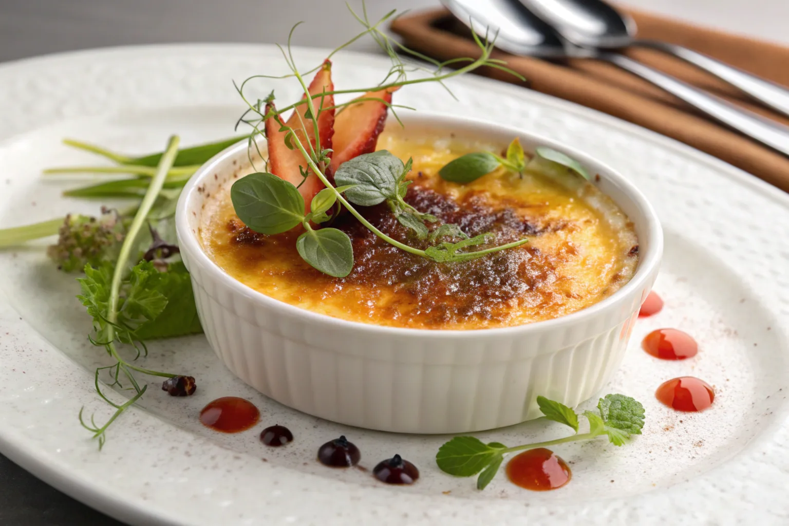 Close-up of individual Crab Brulee ramekins with caramelized tops, garnished with fresh dill.