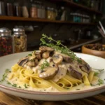 A skillet with golden-brown sautéed mushrooms and grated cheese being mixed for the sauce.