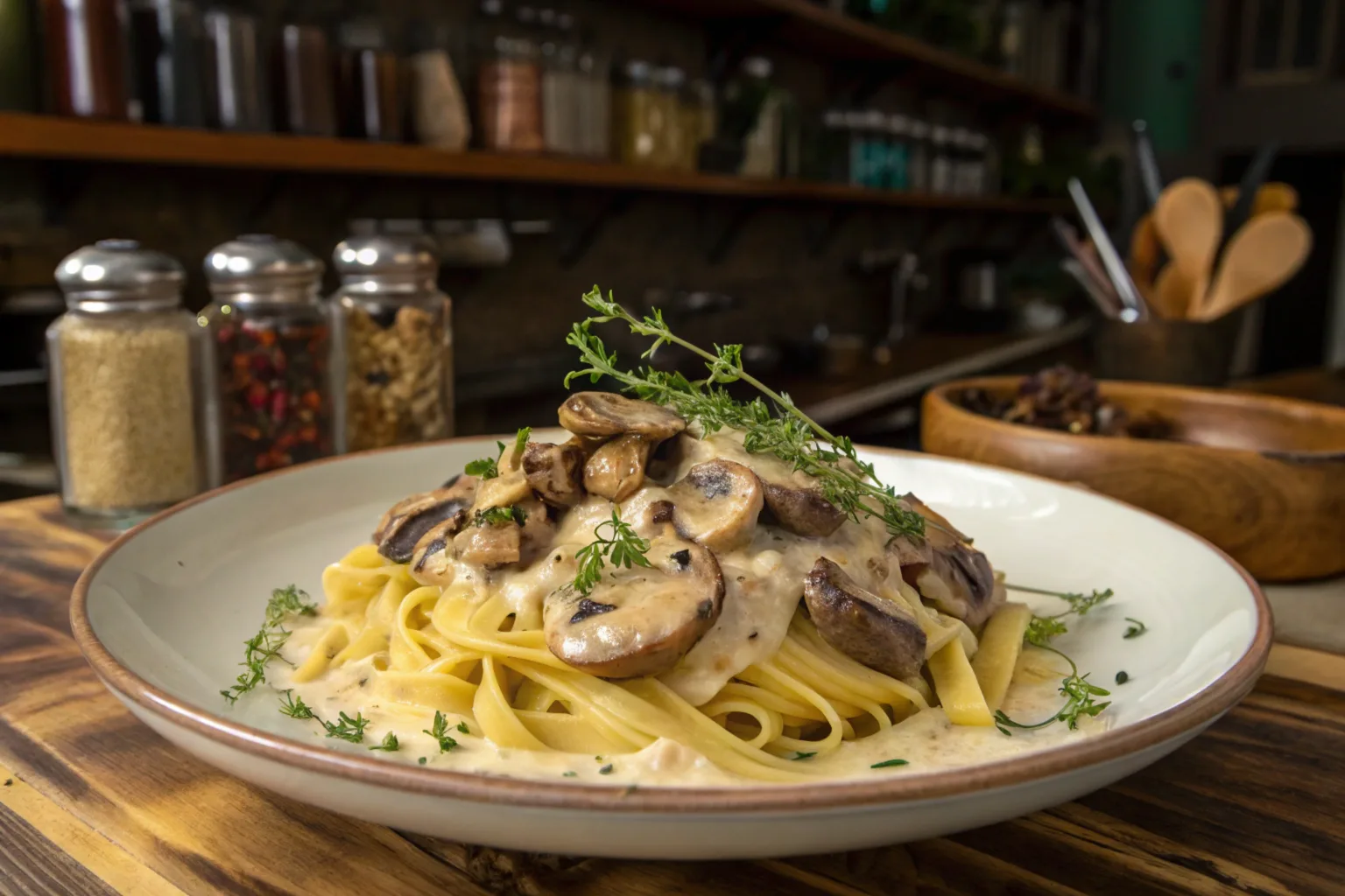 A skillet with golden-brown sautéed mushrooms and grated cheese being mixed for the sauce.