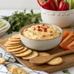 A bowl of creamy pimento cheese dip surrounded by crackers, breadsticks, and fresh veggies.