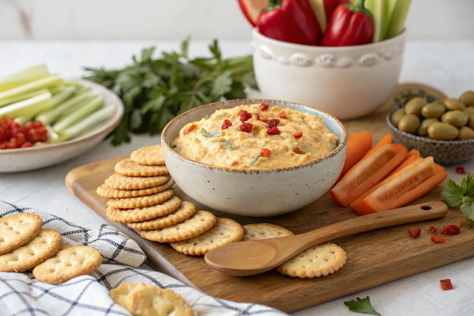 A bowl of creamy pimento cheese dip surrounded by crackers, breadsticks, and fresh veggies.