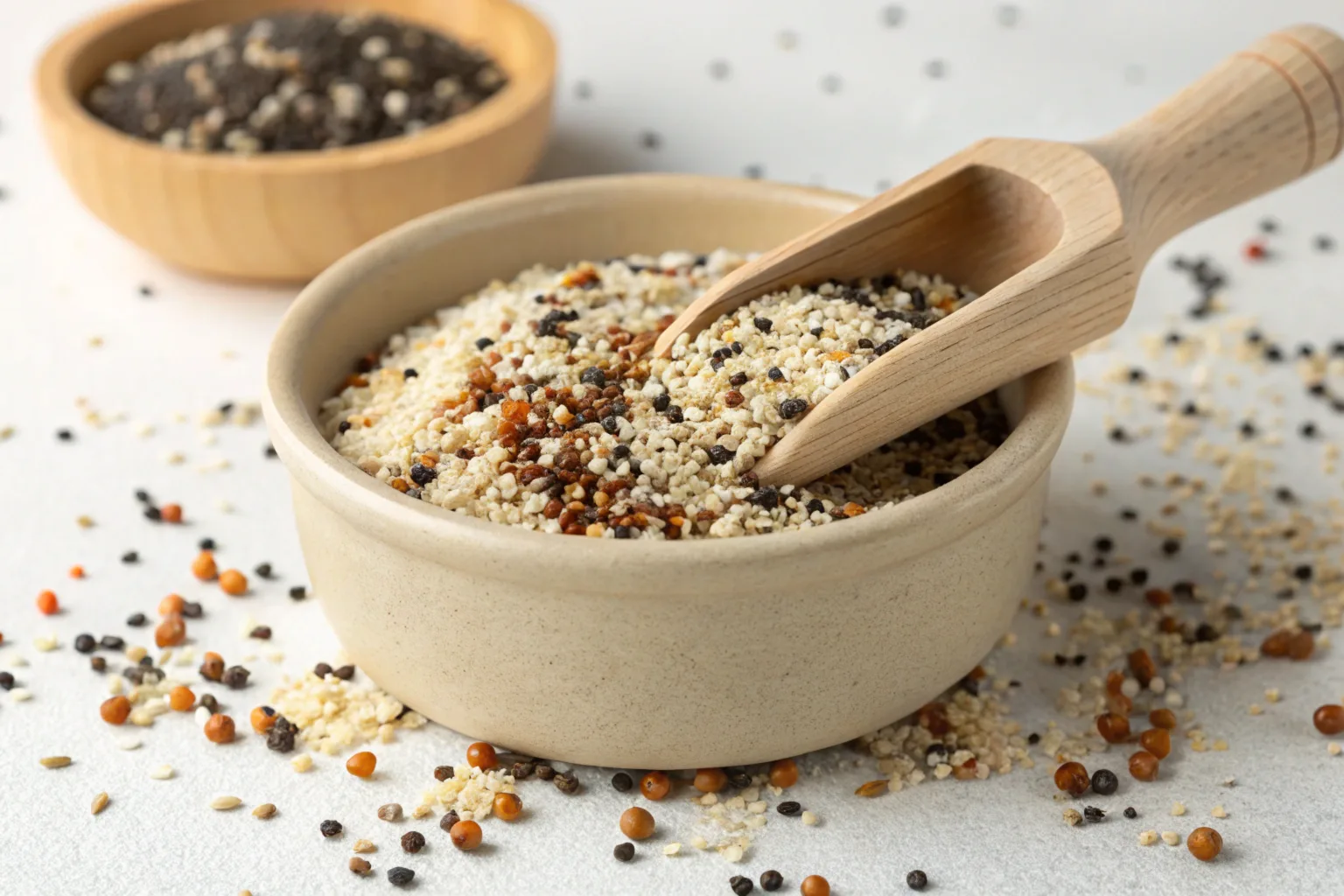 A close-up of a wooden bowl filled with everything bagel seasoning ingredients, including sesame seeds, poppy seeds, dried garlic flakes, dried onion flakes, and sea salt, placed on a rustic wooden table.