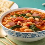 A bowl of swamp soup with turnip greens, white beans, and sausage