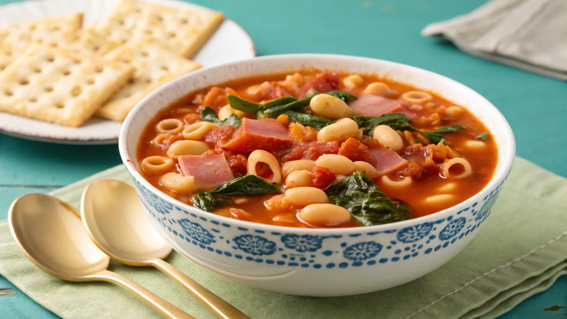 A bowl of swamp soup with turnip greens, white beans, and sausage