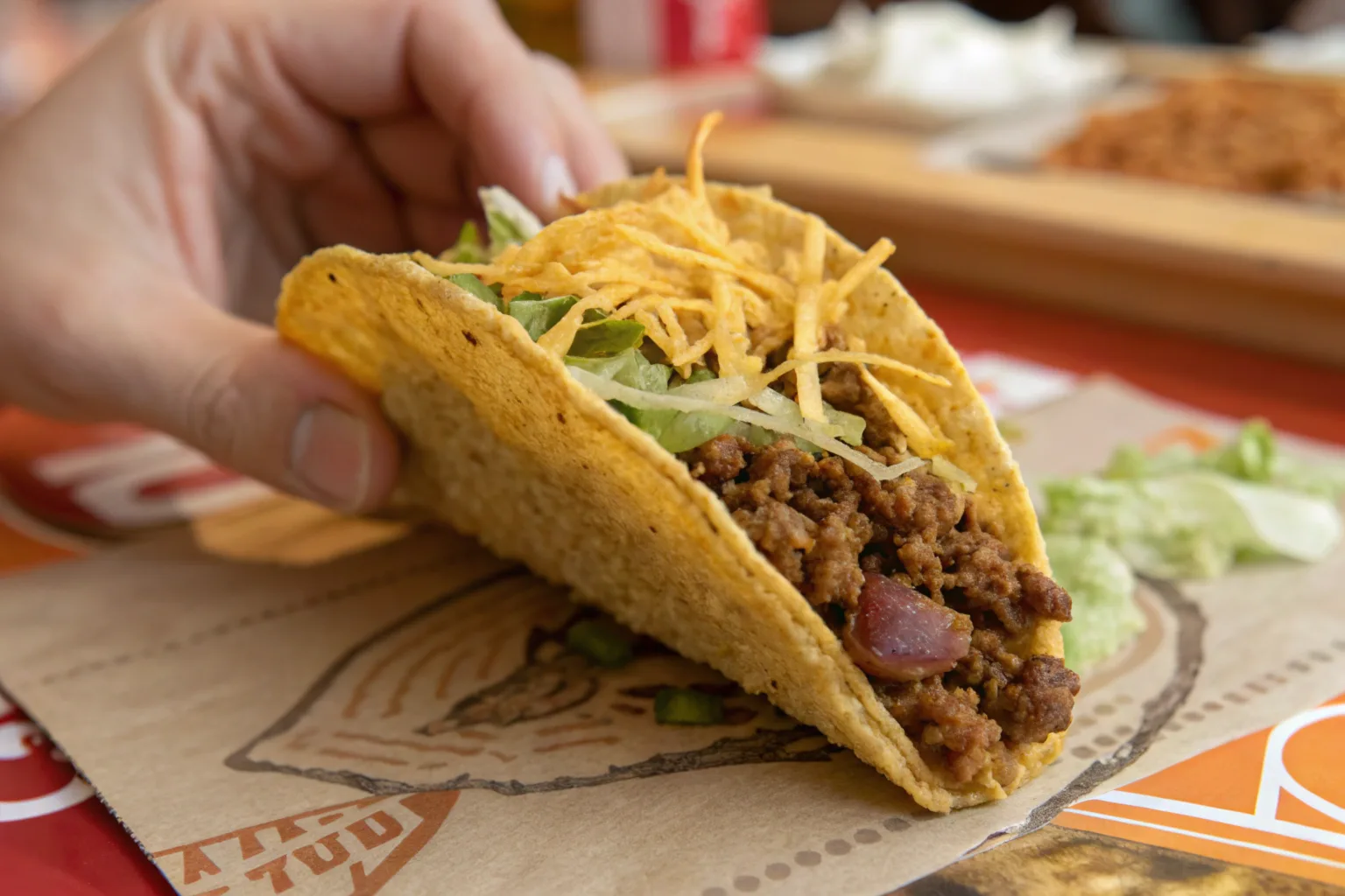 Close-up of Taco Bell's Double Decker Taco showcasing its crunchy shell wrapped in a soft tortilla with fresh lettuce, cheese, and seasoned beef.