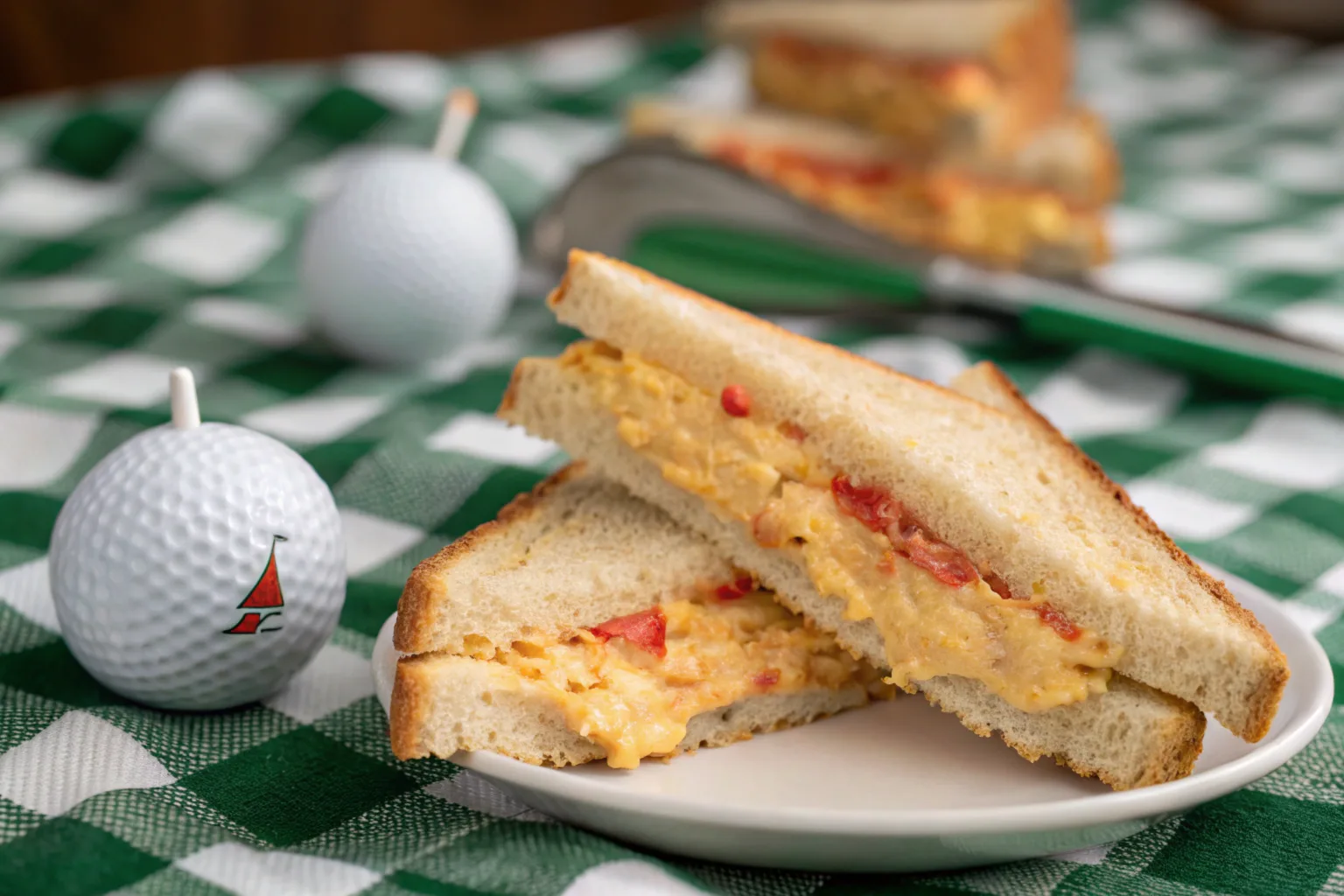 Classic pimento cheese sandwich served on white bread, wrapped in green wax paper, with a golf-themed backdrop at Augusta National Golf Club.