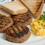 Plate of turkey breakfast sausage patties with scrambled eggs and toast