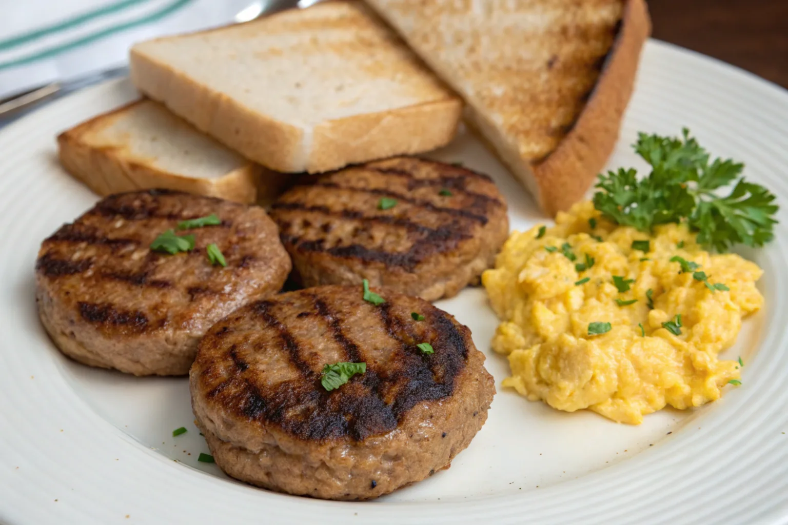 Plate of turkey breakfast sausage patties with scrambled eggs and toast