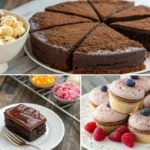 A collage of gluten-free desserts featuring a chocolate cake, a slice of chocolate brownie on a white plate, and vanilla cupcakes topped with cocoa dusting and blueberries, surrounded by fresh raspberries.