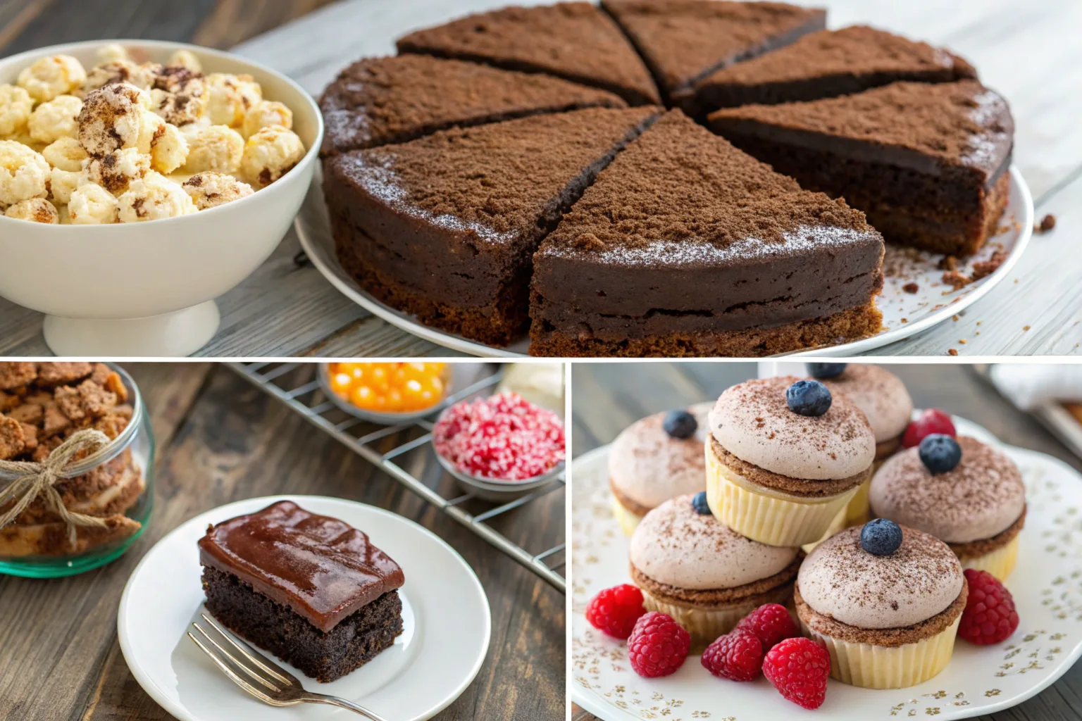 A collage of gluten-free desserts featuring a chocolate cake, a slice of chocolate brownie on a white plate, and vanilla cupcakes topped with cocoa dusting and blueberries, surrounded by fresh raspberries.