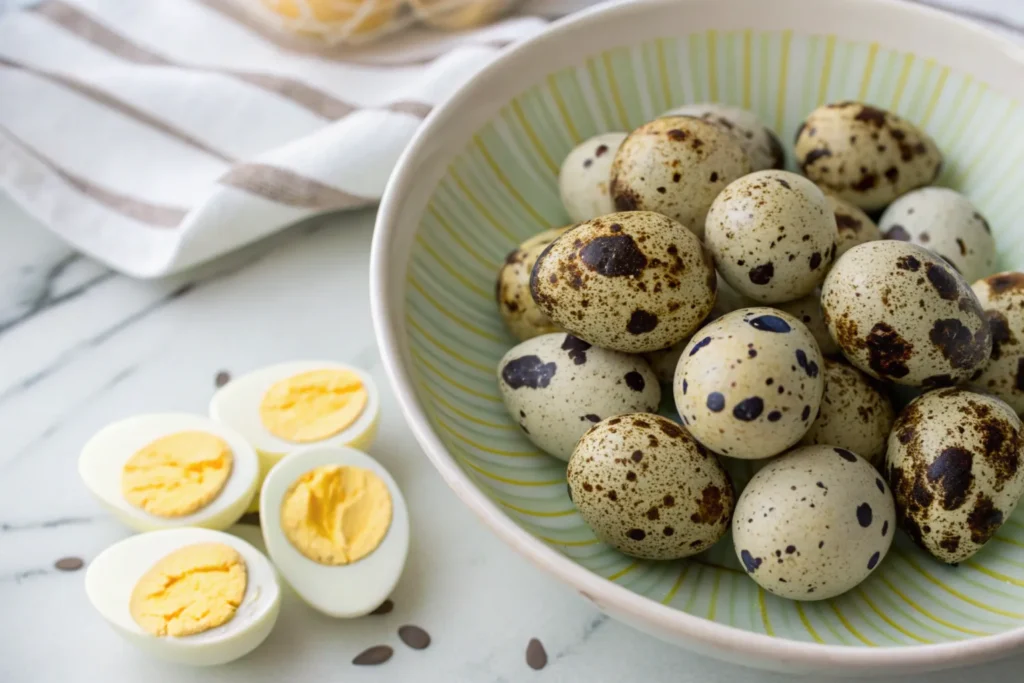 A basket of fresh quail eggs with speckled shells placed on a rustic wooden table, surrounded by fresh herbs.