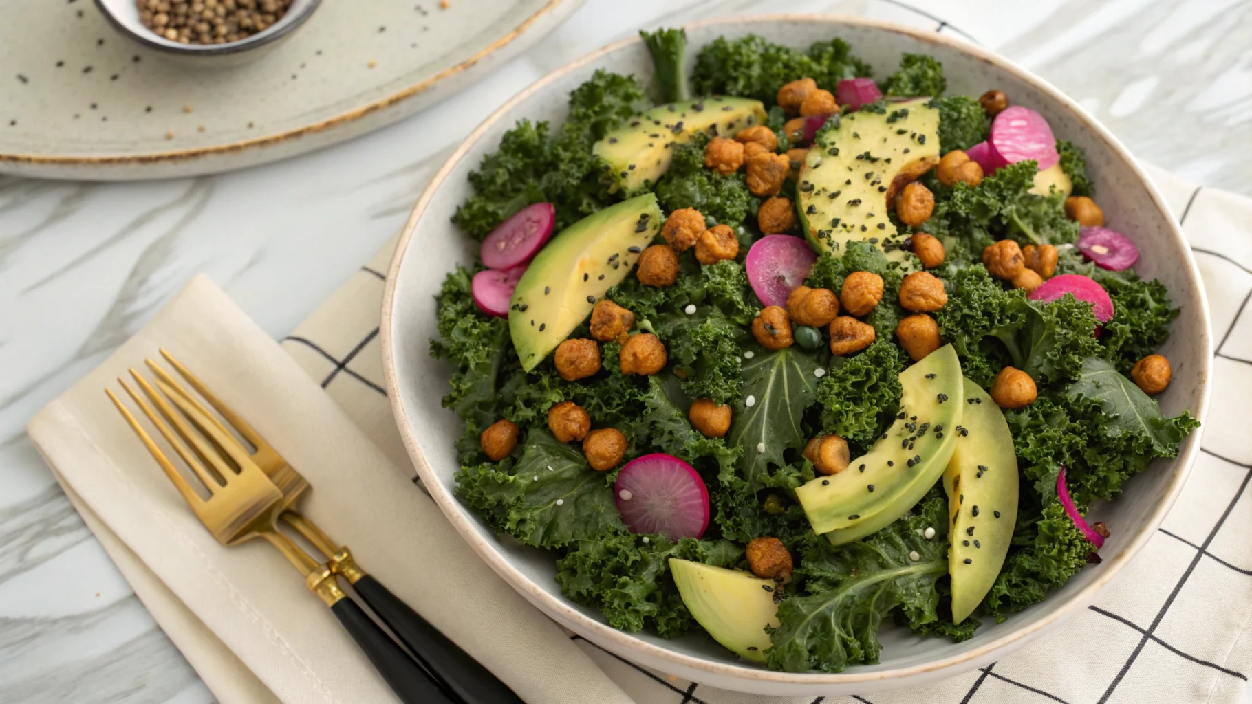 Fresh kale and broccolini on a wooden cutting board.