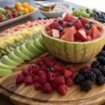 Colorful fruit platter with sliced strawberries, kiwi, oranges, and grapes