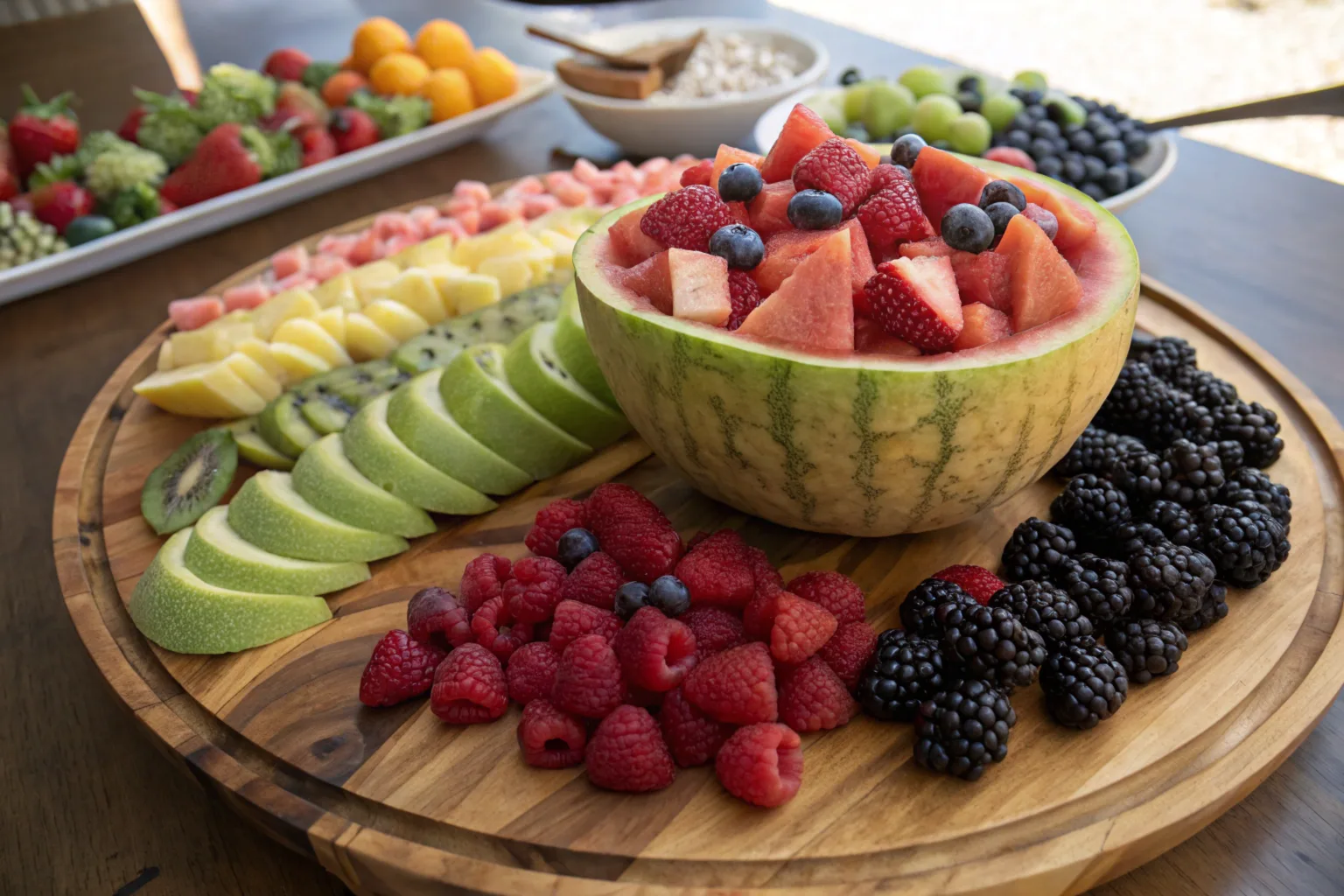 Colorful fruit platter with sliced strawberries, kiwi, oranges, and grapes