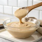 Jar of whipped honey with a wooden honey dipper on a rustic wooden table