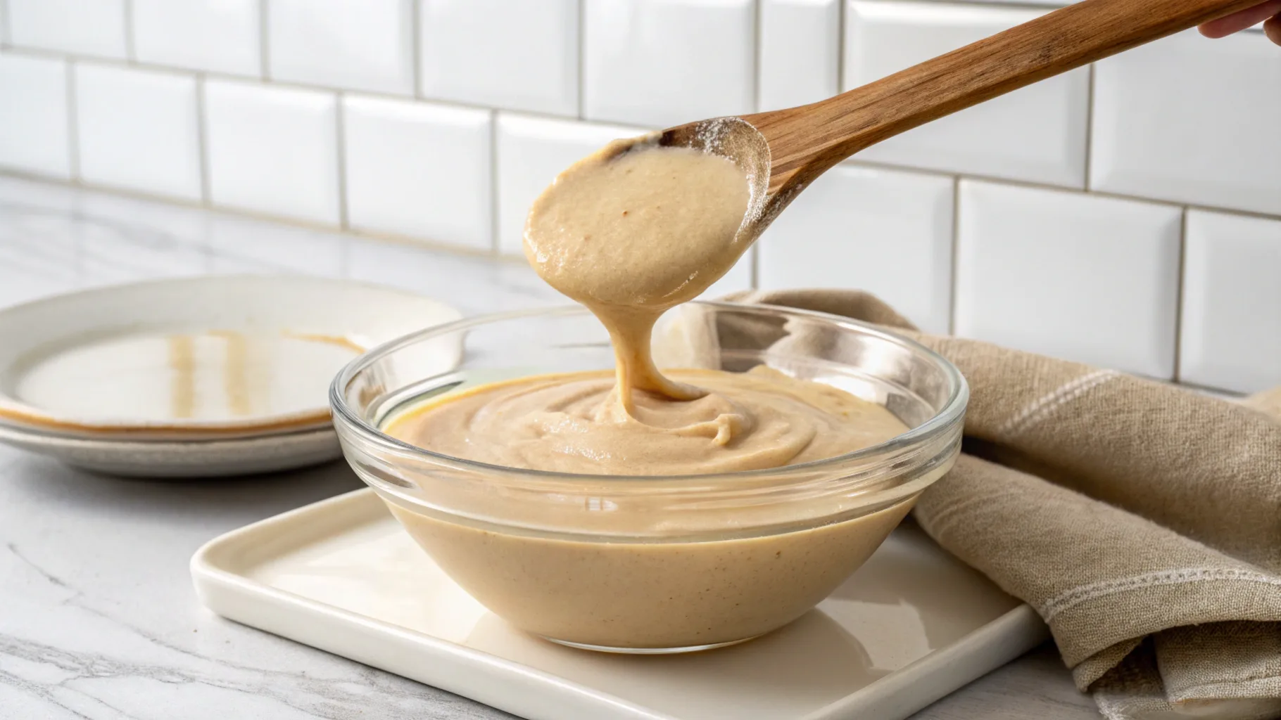 Jar of whipped honey with a wooden honey dipper on a rustic wooden table