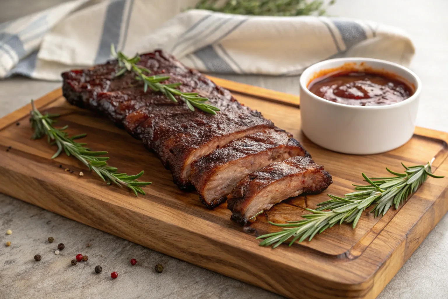 Are beef back ribs a good cut? Juicy, smoked beef back ribs with BBQ sauce and garnishes on a wooden cutting board.