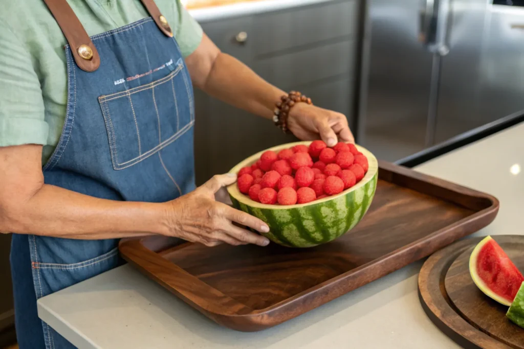 Minimalist fruit platter with strawberries, cantaloupe, and green grapes