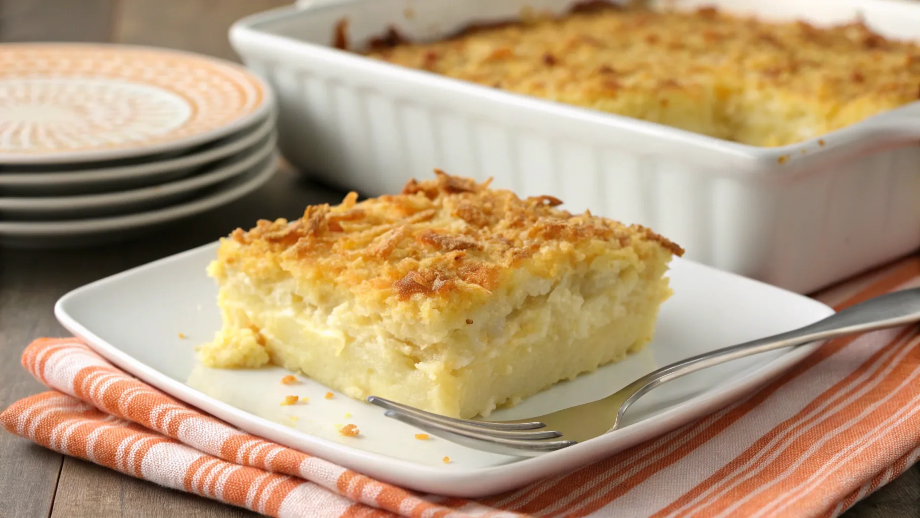 pineapple casserole Freshly baked pineapple casserole with a golden-brown Ritz cracker topping in a white dish