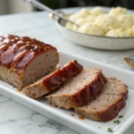 Lipton Onion Soup Meatloaf served with mashed potatoes and green beans