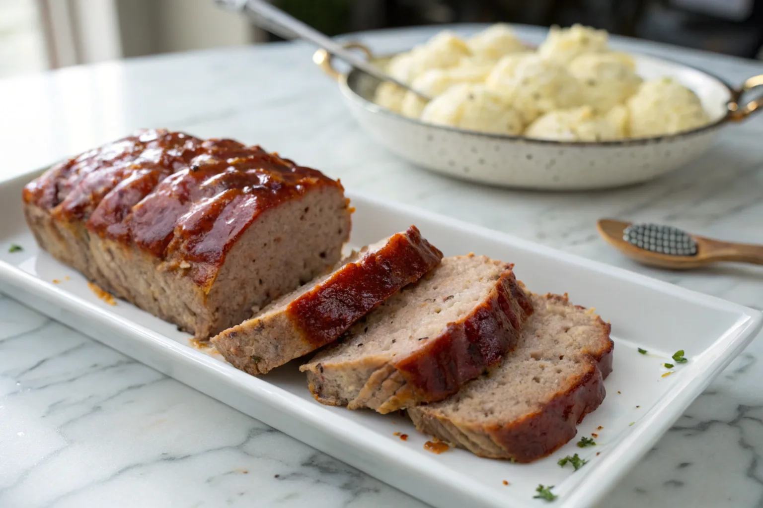 Lipton Onion Soup Meatloaf served with mashed potatoes and green beans