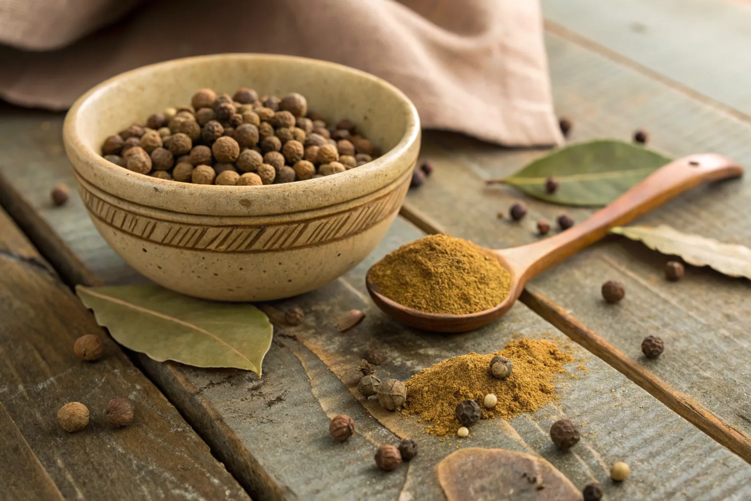 A close-up of whole dried pimento seeds scattered on a rustic wooden table with a small bowl of ground allspice powder in the background.