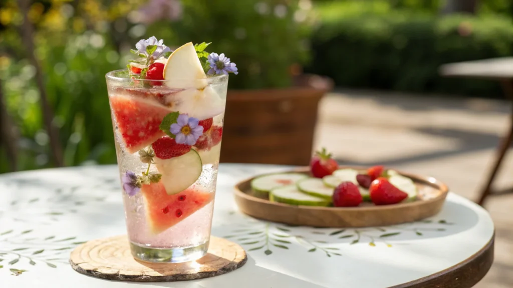 A refreshing glass of Hwachae with watermelon, pears, and edible flowers, served outdoors with greenery in the background.