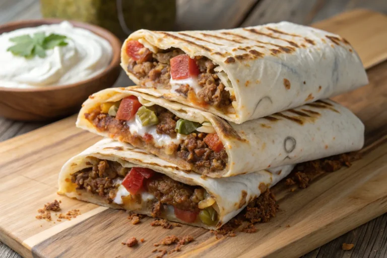 Close-up of Taco Bell’s grilled cheese burrito showing melted cheese on the outside and savory fillings inside.
