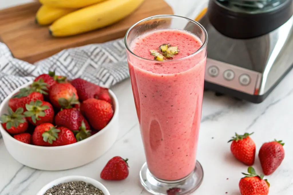 A refreshing Bahama Mama smoothie with tropical fruits like pineapples, strawberries, and coconut, served in a chilled glass with condensation on a summer beach background.