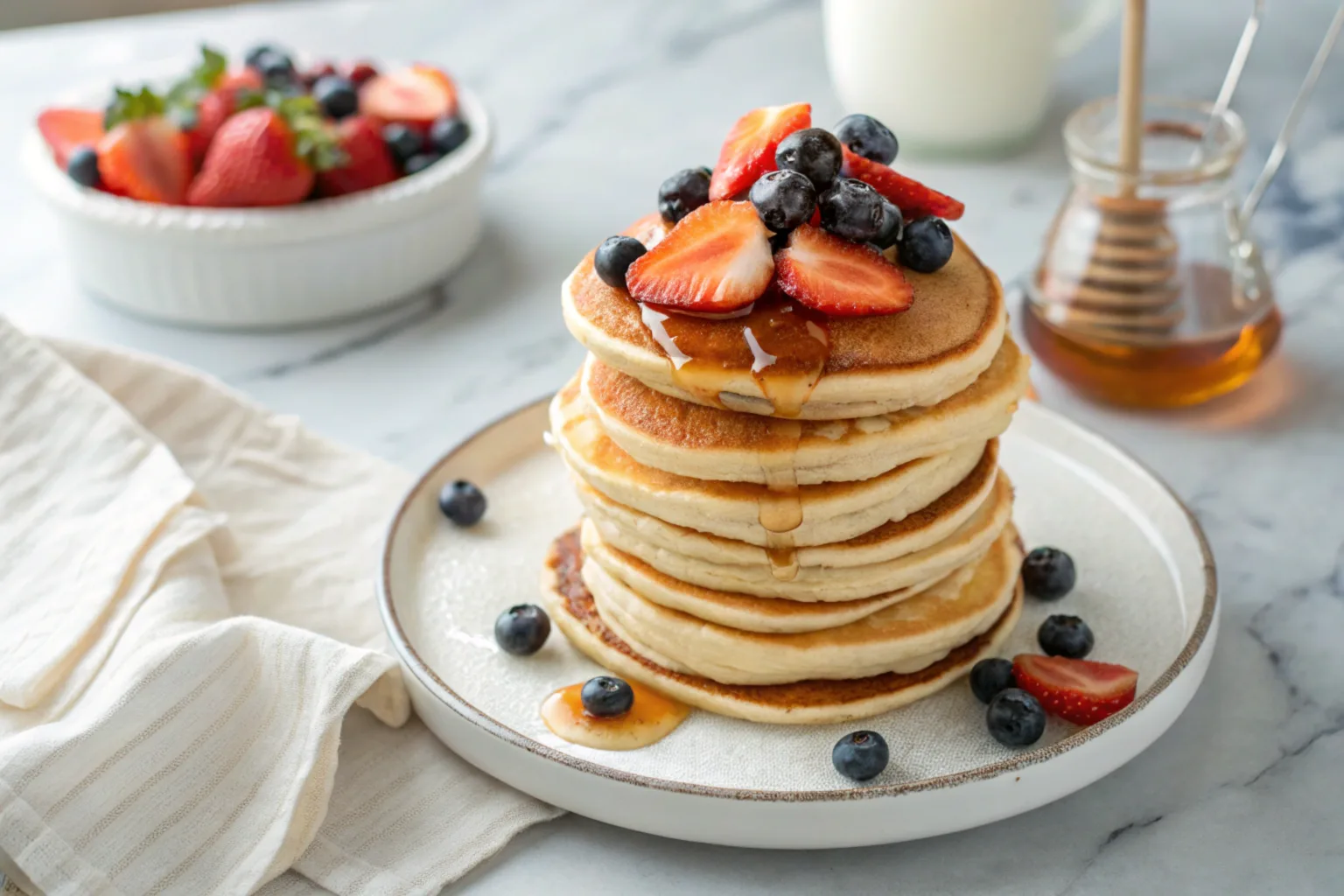 Stack of fluffy Premier Protein Pancakes topped with fresh berries and syrup on a breakfast table.