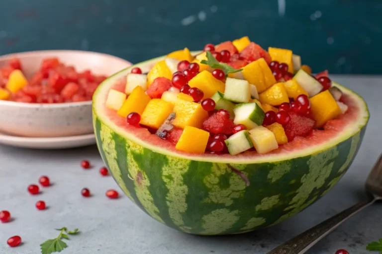 Traditional Korean Hwachae served in a clear glass bowl with colorful slices of watermelon, Korean pear, and strawberries, garnished with edible flowers and ice cubes, on a table with Korean tableware.