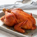 Smoked Whole Chicken, A perfectly smoked whole chicken resting on a rustic wooden board, garnished with fresh herbs and surrounded by a smoky haze