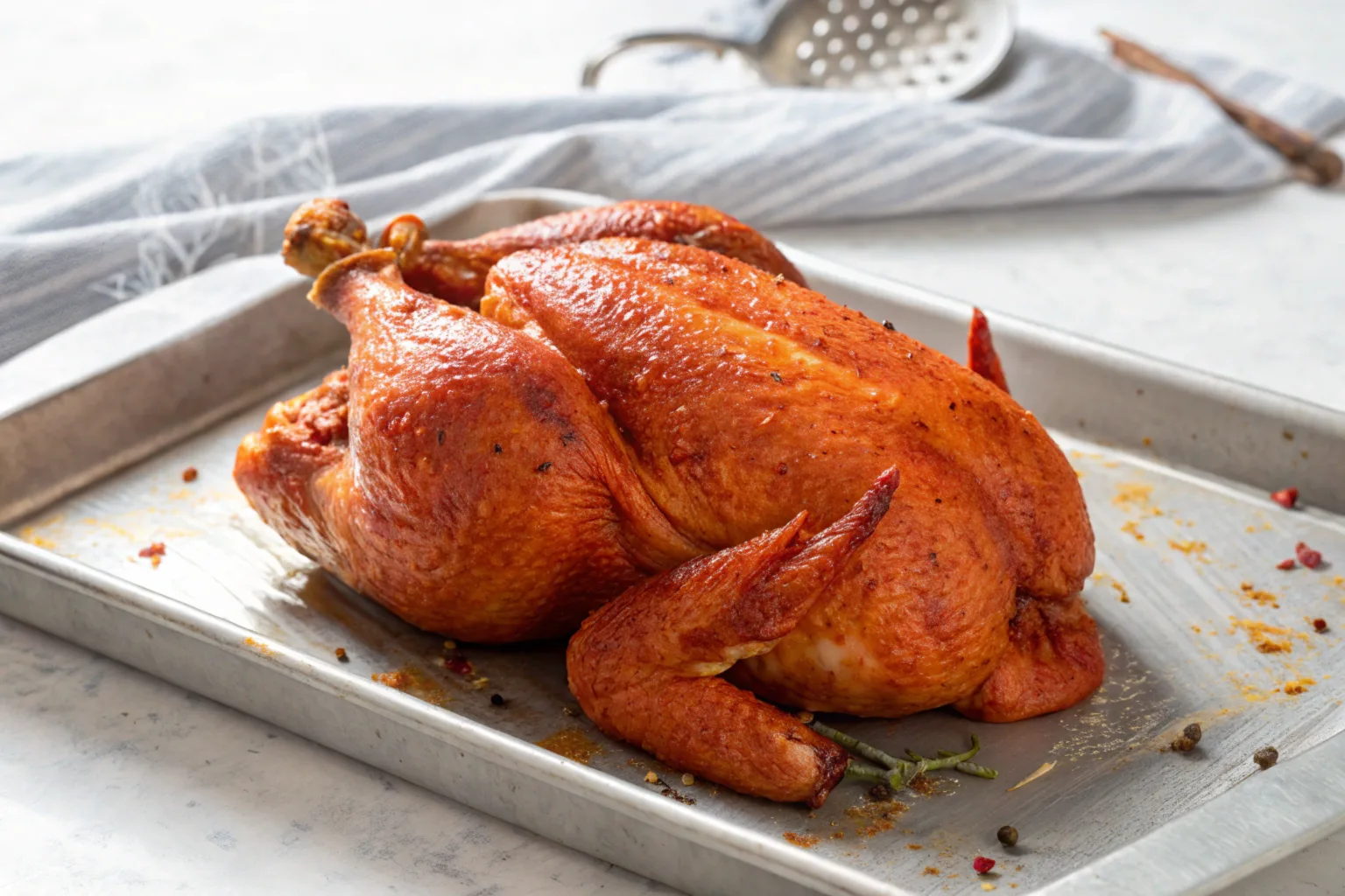 A perfectly smoked whole chicken resting on a rustic wooden board, garnished with fresh herbs and surrounded by a smoky haze