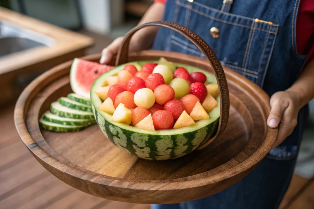 Extravagant fruit platter with exotic fruits and edible flowers