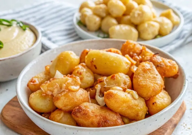 A plate of golden-fried cheese curds served with dipping sauces on a rustic wooden table.