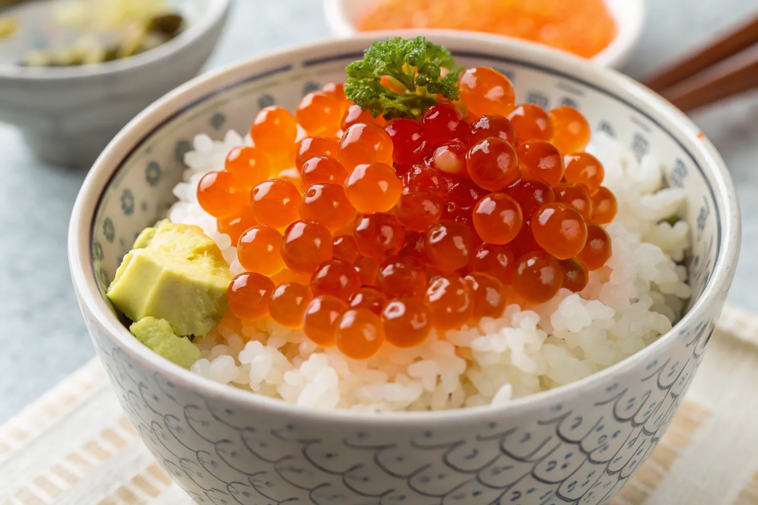 Close-up of fresh salmon roe on a wooden spoon with a rustic seafood background, highlighting the bright orange color and glossy texture of the fish eggs.