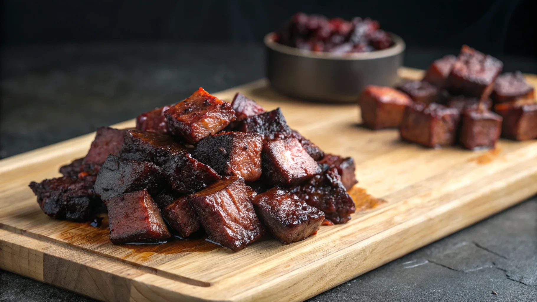 Close-up of glazed burnt end BBQ pieces on a wooden board