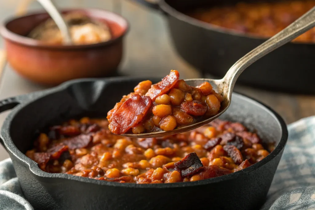 A close-up of a cast iron skillet filled with smoky, sweet, and savory bacon and bourbon-infused smoked baked beans, topped with crispy bacon bits and fresh herbs.