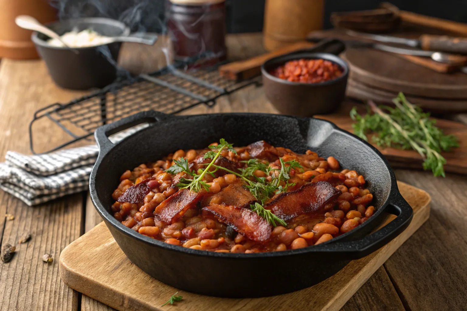 A close-up of a cast iron skillet filled with smoky, sweet, and savory bacon and bourbon-infused smoked baked beans, topped with crispy bacon bits and fresh herbs.