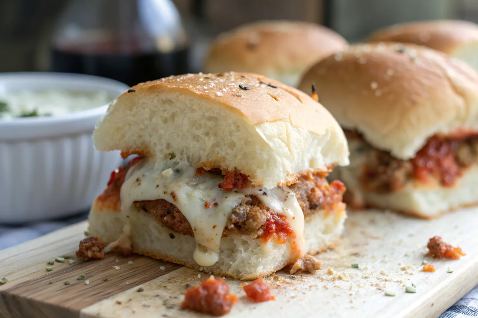 Golden-brown meatball sliders topped with melted mozzarella and fresh parsley on a serving tray.