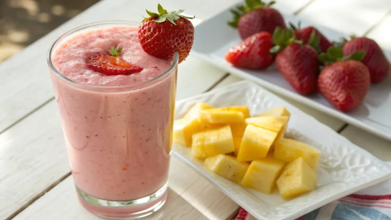 Bahama Mama Tropical Smoothie, A close-up of a vibrant smoothie layered with pineapple chunks, strawberries, and a drizzle of white chocolate.