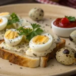 A close-up of a chef cracking a quail egg into a bowl, showcasing the vibrant yolk and delicate shell.