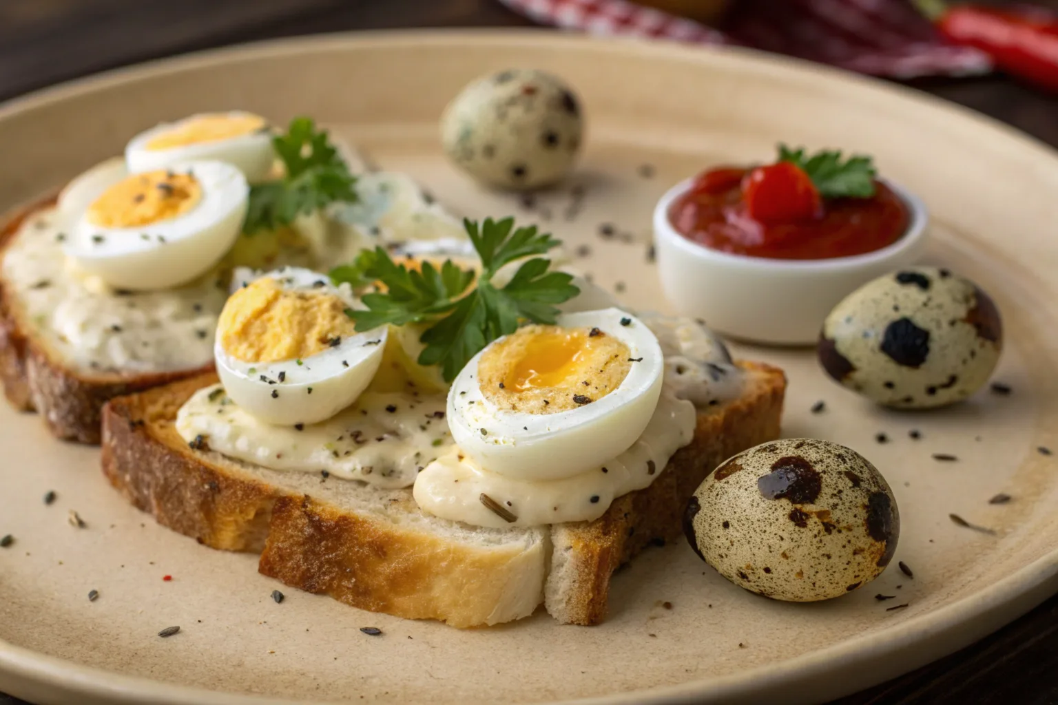 A close-up of a chef cracking a quail egg into a bowl, showcasing the vibrant yolk and delicate shell.