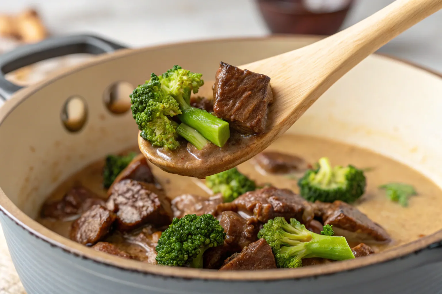 A delicious plate of crockpot beef and broccoli served over steamed rice. The beef is tender, coated in a savory soy-based sauce, and paired with crisp, bright green broccoli florets. The dish is garnished with sesame seeds and chopped green onions.