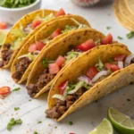 A platter of tacos with vibrant fillings, including fresh vegetables, grilled meats, and colorful sauces.