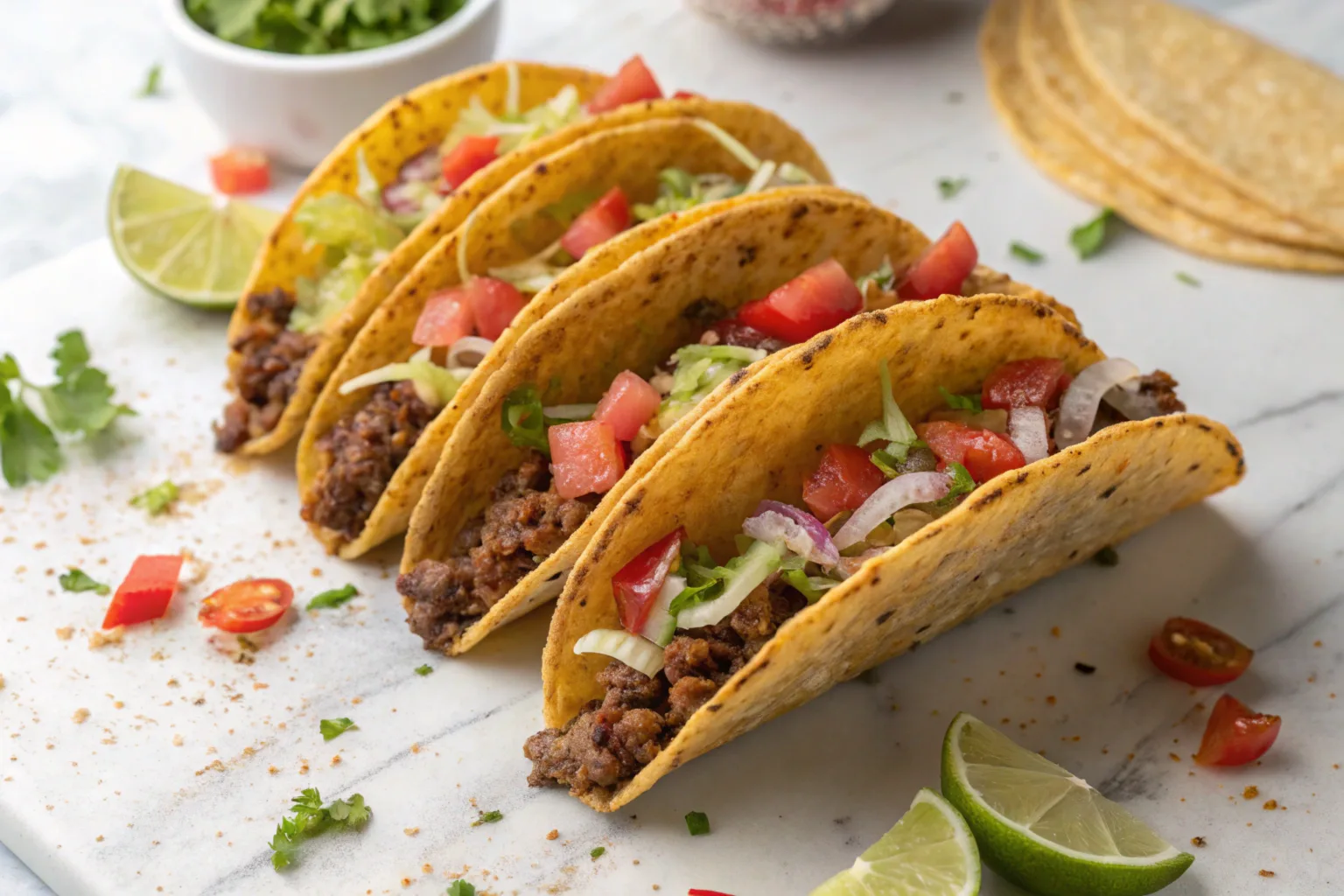 A platter of tacos with vibrant fillings, including fresh vegetables, grilled meats, and colorful sauces.