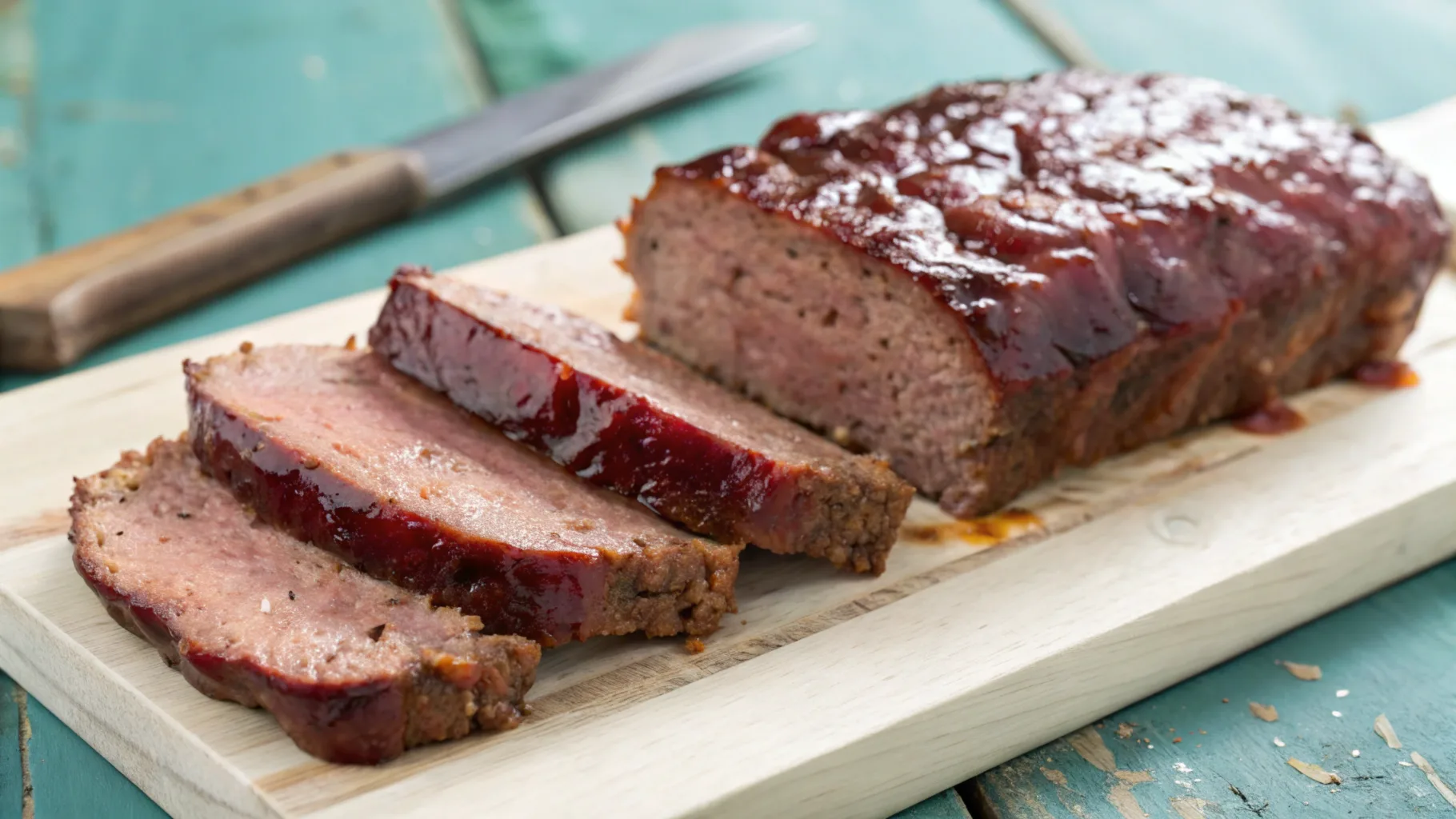 Smoked meatloaf with a rich BBQ glaze on a wooden cutting board, garnished with fresh parsley and surrounded by smoked vegetables.